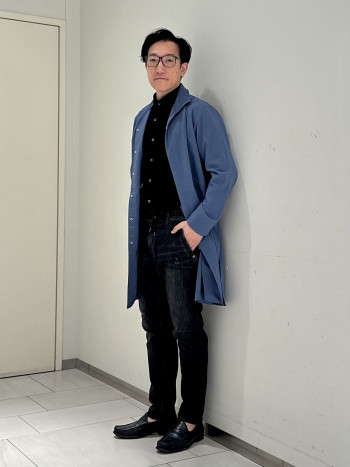 【5351】【リネンライクロングシャツ】 ブルー＆ブラック！春のモードな雰囲気にぴったりのシャツコート！